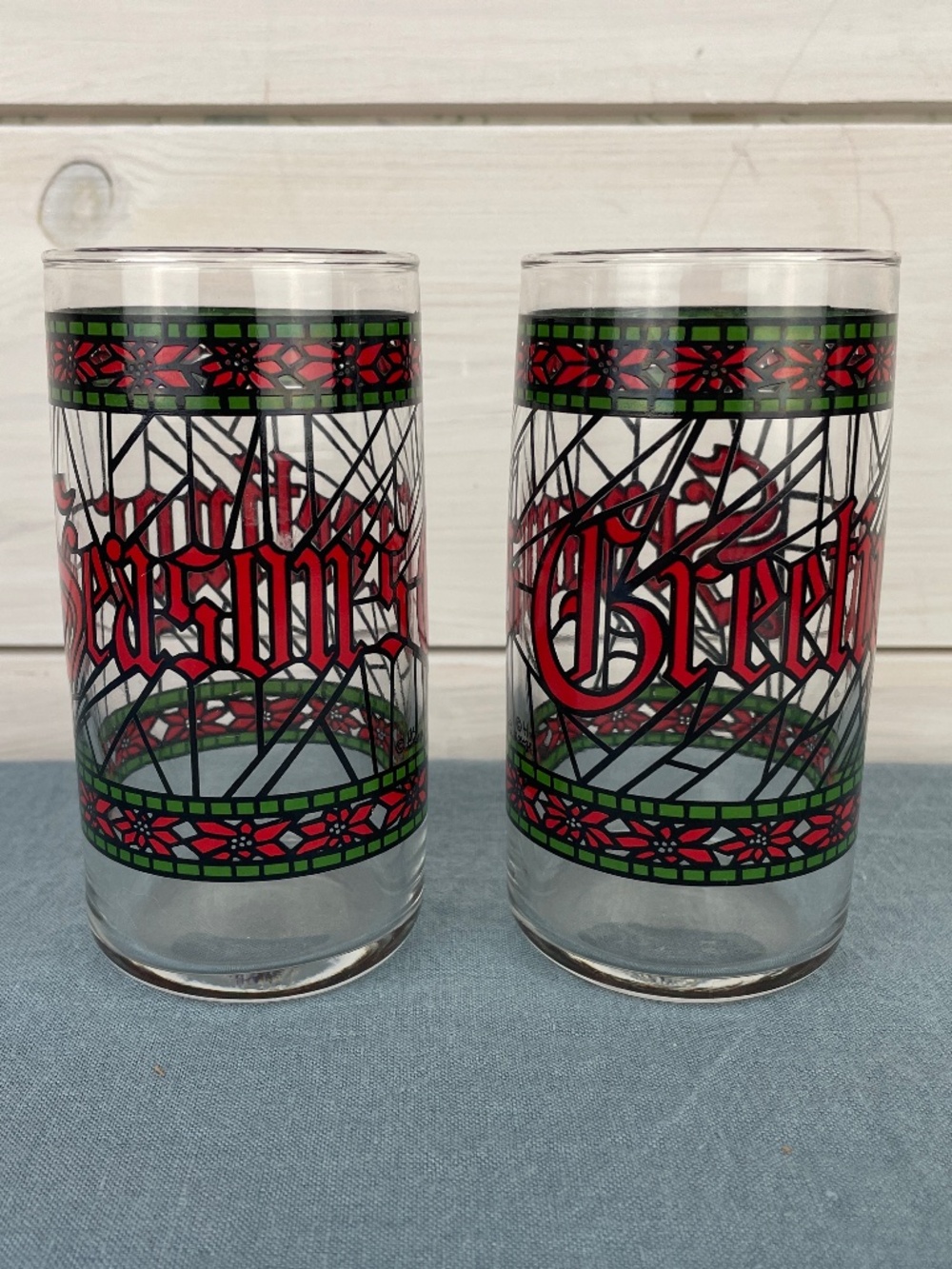 VTG Houze Christmas Glasses Highball Tumblers Red Green Stained Glass - Pair